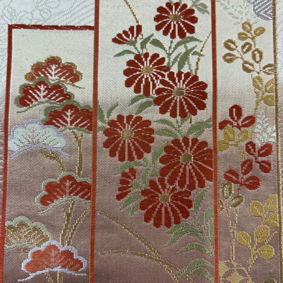 名古屋帶 優品級 短冊 秋草 刺繡 金絲 茶紫 純蠶絲