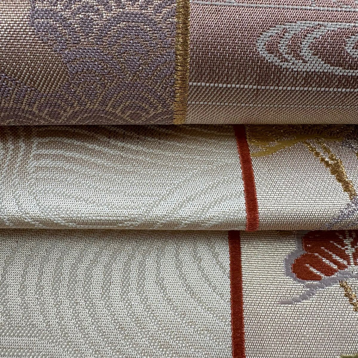 名古屋帶 優品級 短冊 秋草 刺繡 金絲 茶紫 純蠶絲