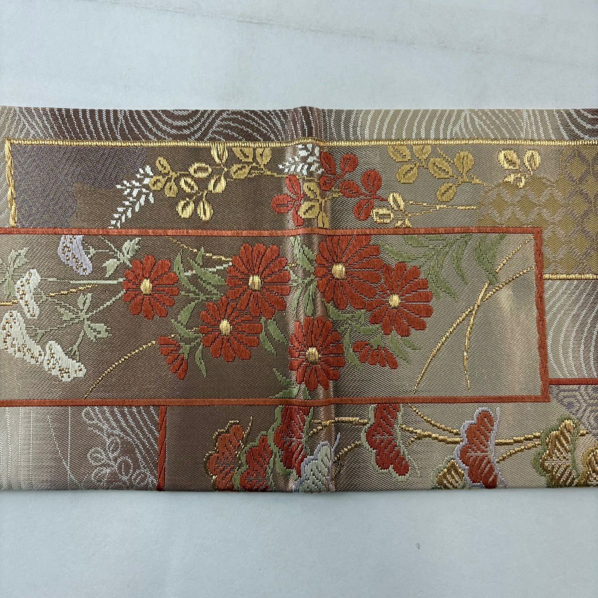 名古屋帶 優品級 短冊 秋草 刺繡 金絲 茶紫 純蠶絲