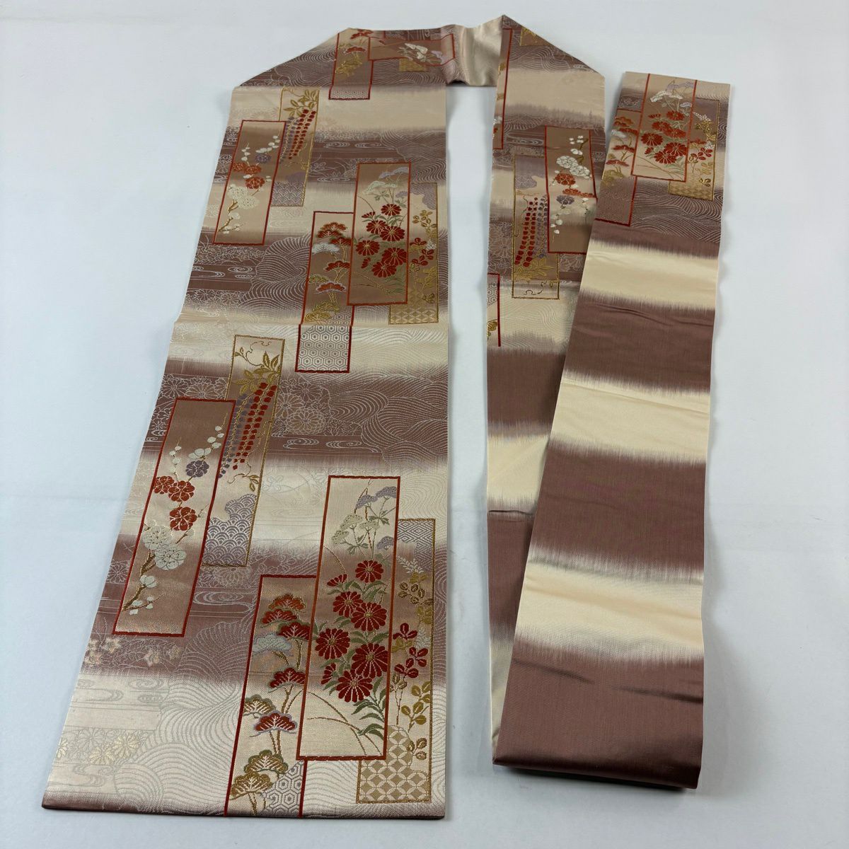 名古屋帶 優品級 短冊 秋草 刺繡 金絲 茶紫 純蠶絲