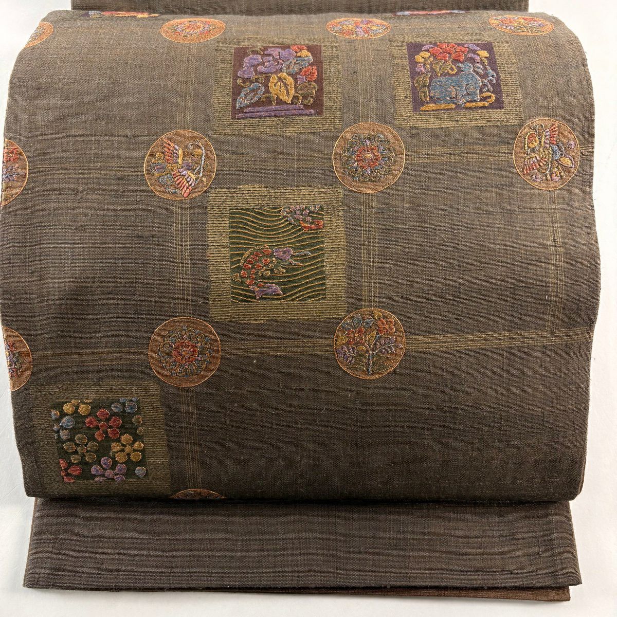 【美品】 袋帶 名品級 花兔 草花紋 金絲 刺繡 焦茶 純蠶絲