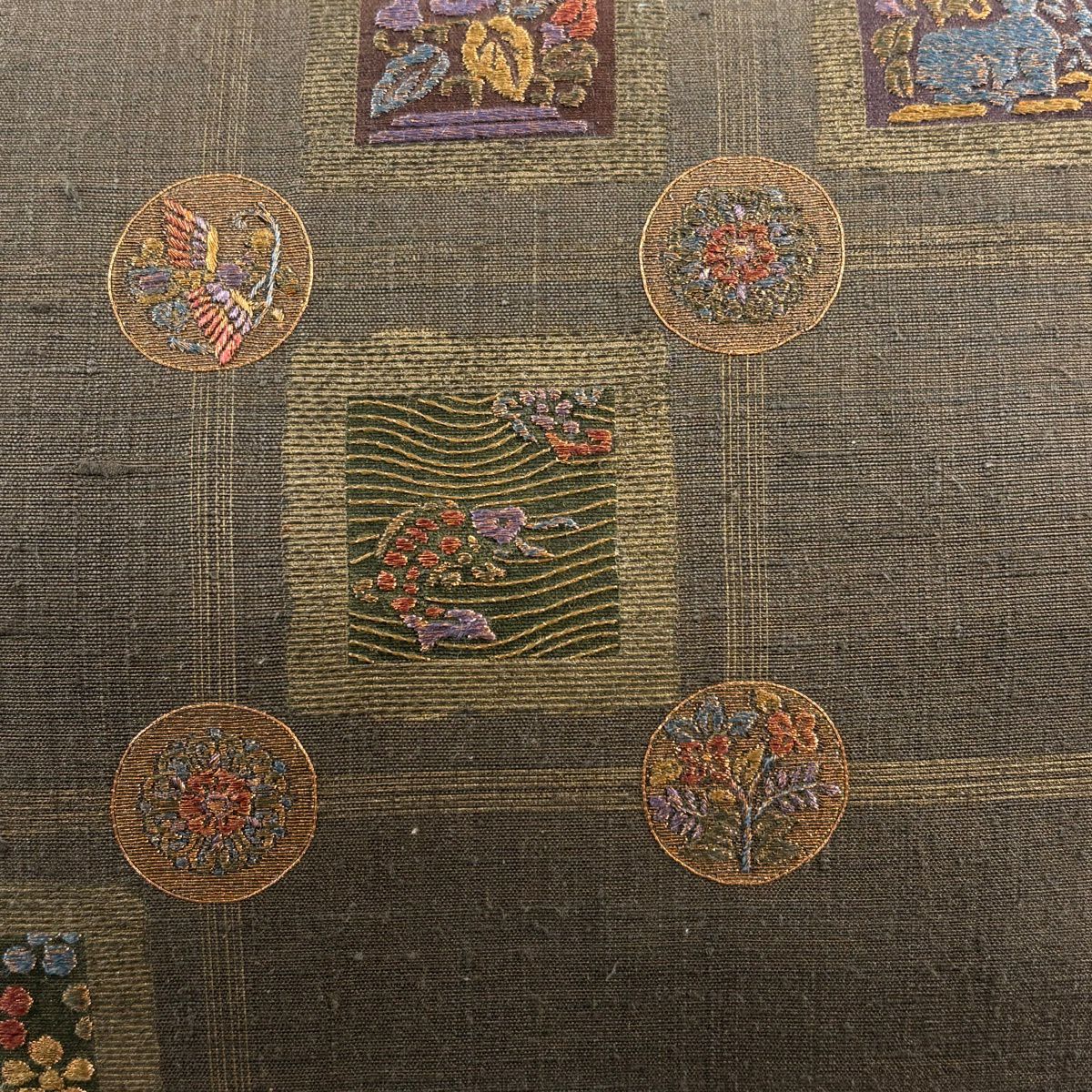 【美品】 袋帶 名品級 花兔 草花紋 金絲 刺繡 焦茶 純蠶絲