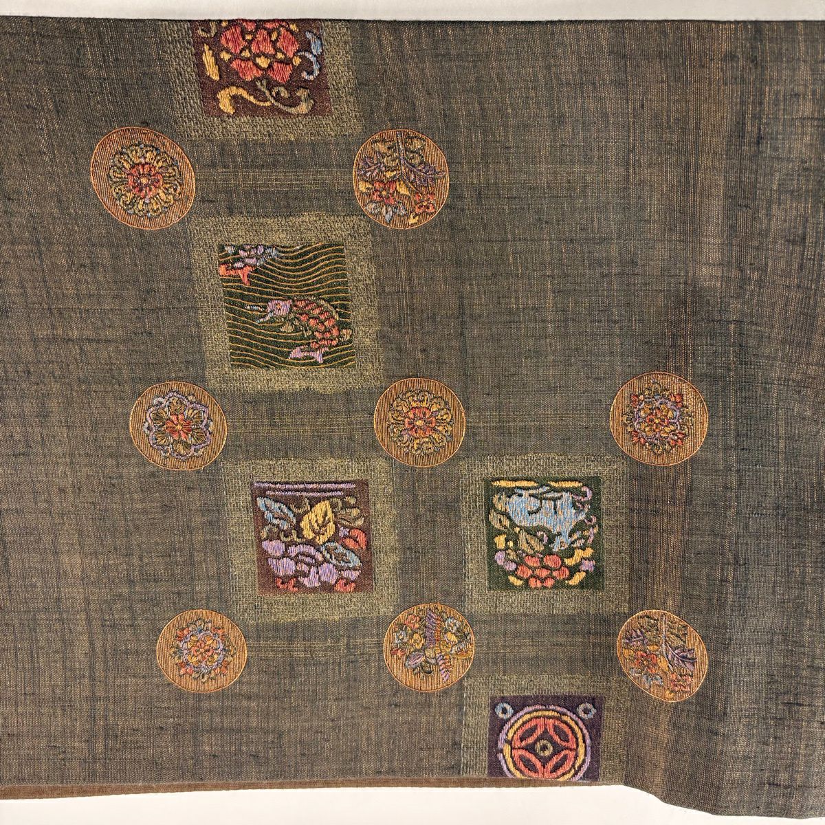 【美品】 袋帶 名品級 花兔 草花紋 金絲 刺繡 焦茶 純蠶絲