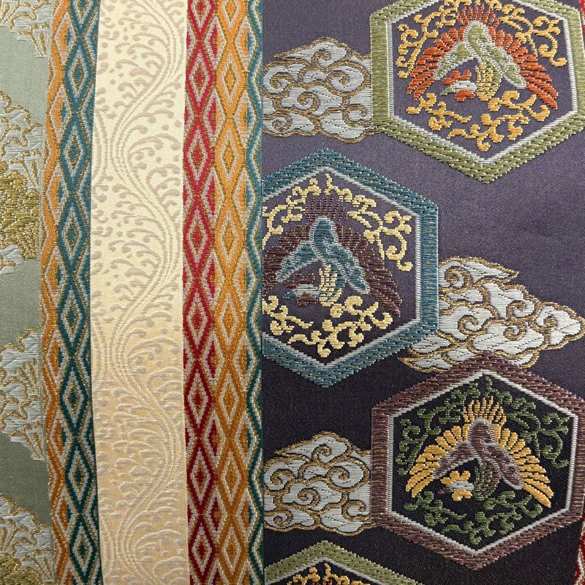 【美品】 袋帶 名品級 鳥 龜甲 金絲 刺繡 米色 六通 純蠶絲
