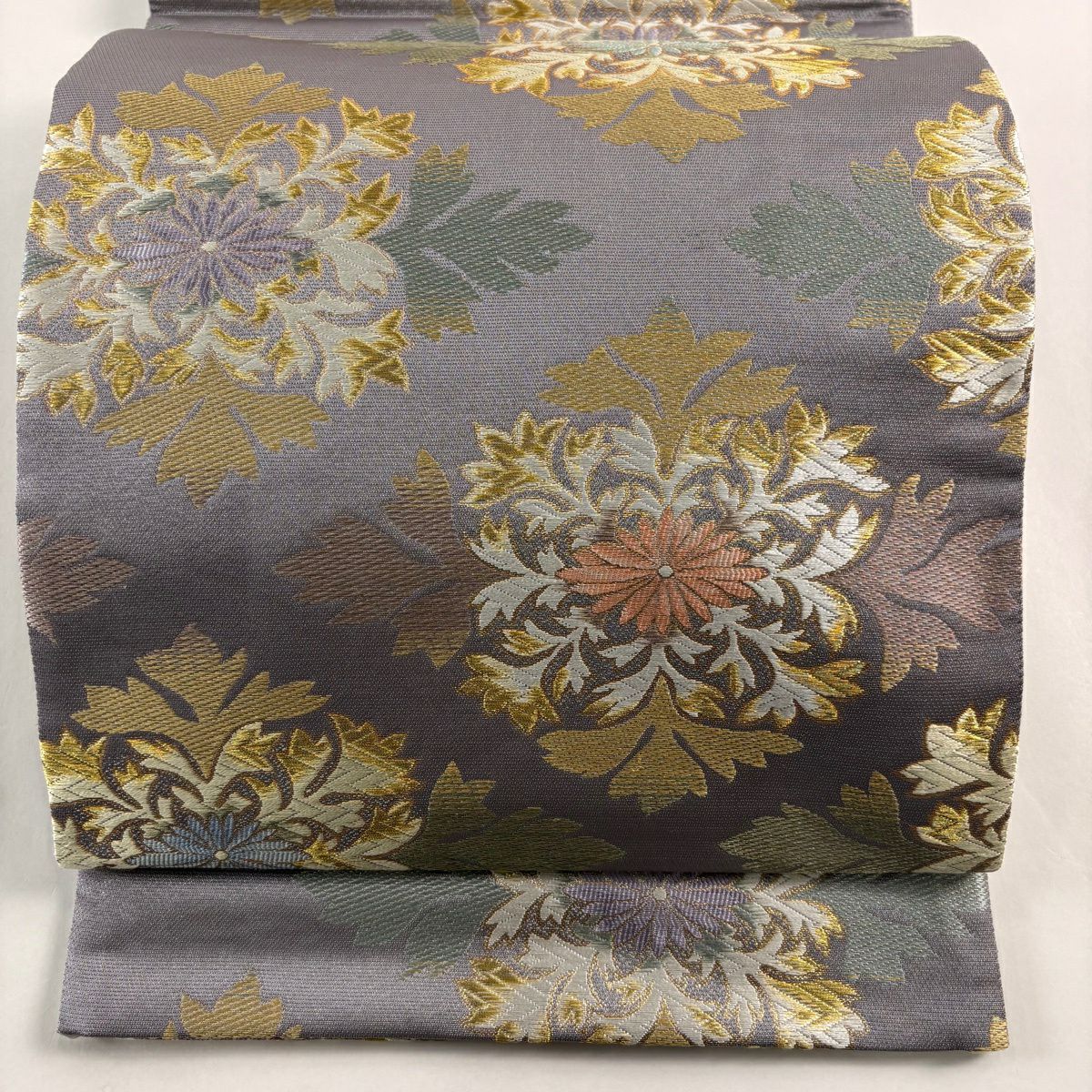 【美品】 袋帶 名品級 草花紋 金糸 金金箔 灰 深藍 六通 純蠶絲
