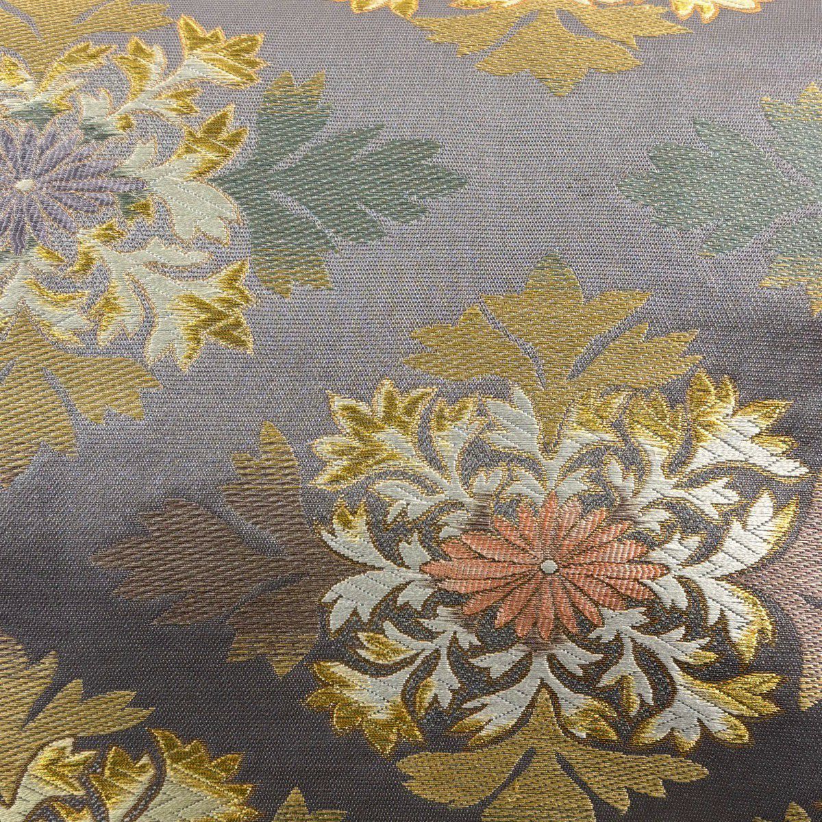 【美品】 袋帶 名品級 草花紋 金糸 金金箔 灰 深藍 六通 純蠶絲