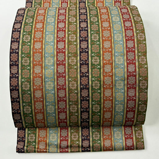 【美品】 開口名古屋帶 逸品級 龍村美術織物 比翼仕立 雙鳥唐花長斑錦 茶綠 純蠶絲