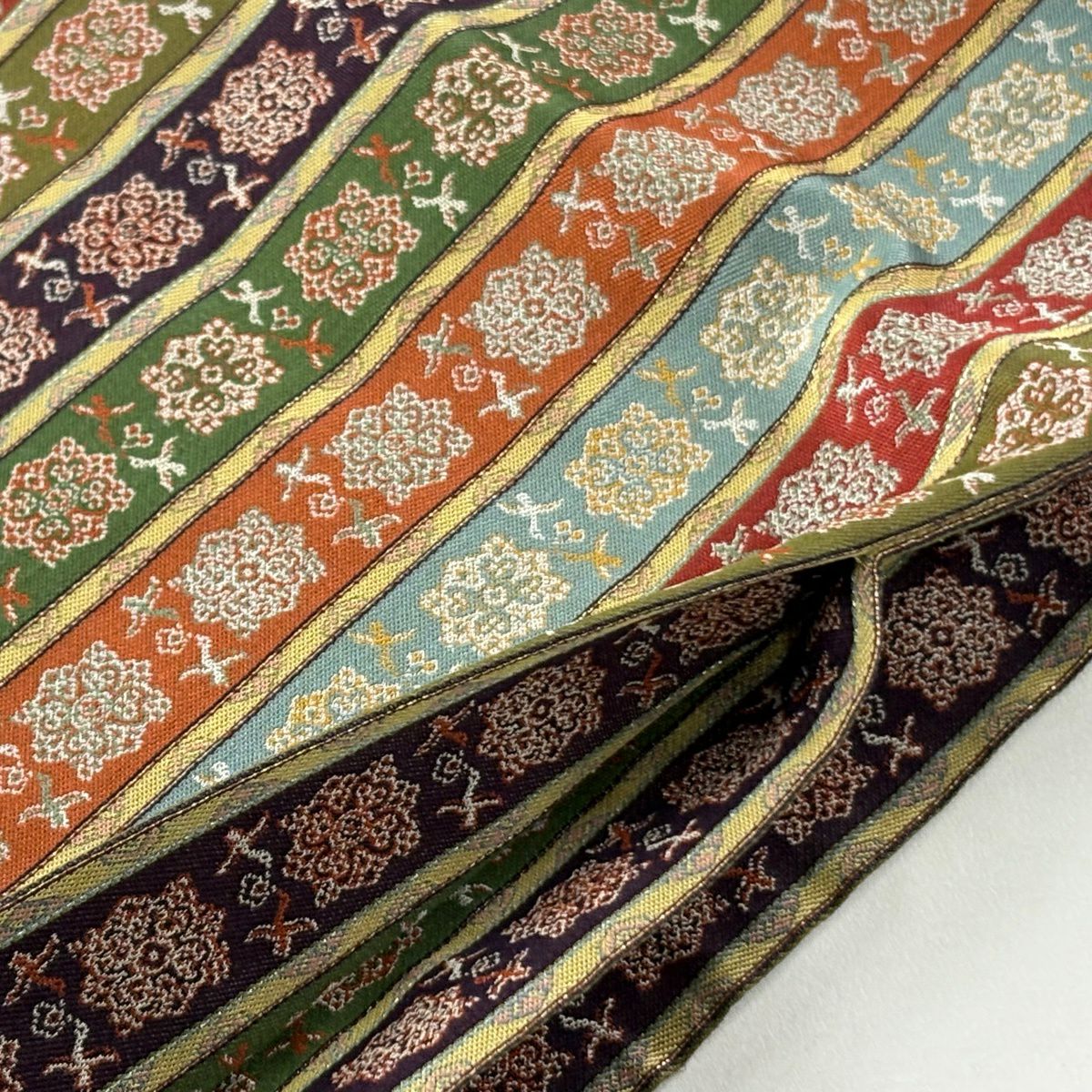 【美品】 開口名古屋帶 逸品級 龍村美術織物 比翼仕立 雙鳥唐花長斑錦 茶綠 純蠶絲