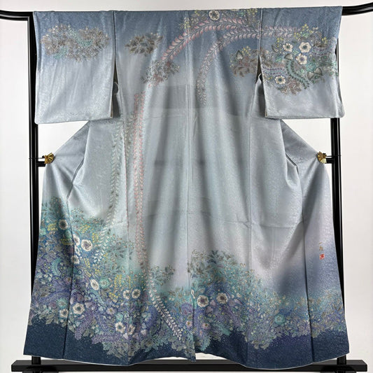 訪問服 身長156.5cm 袖長67.5cm L 雙層 吉乃一廉 落款あり 辻花染 銀通し 染分 青灰 純蠶絲 逸品級