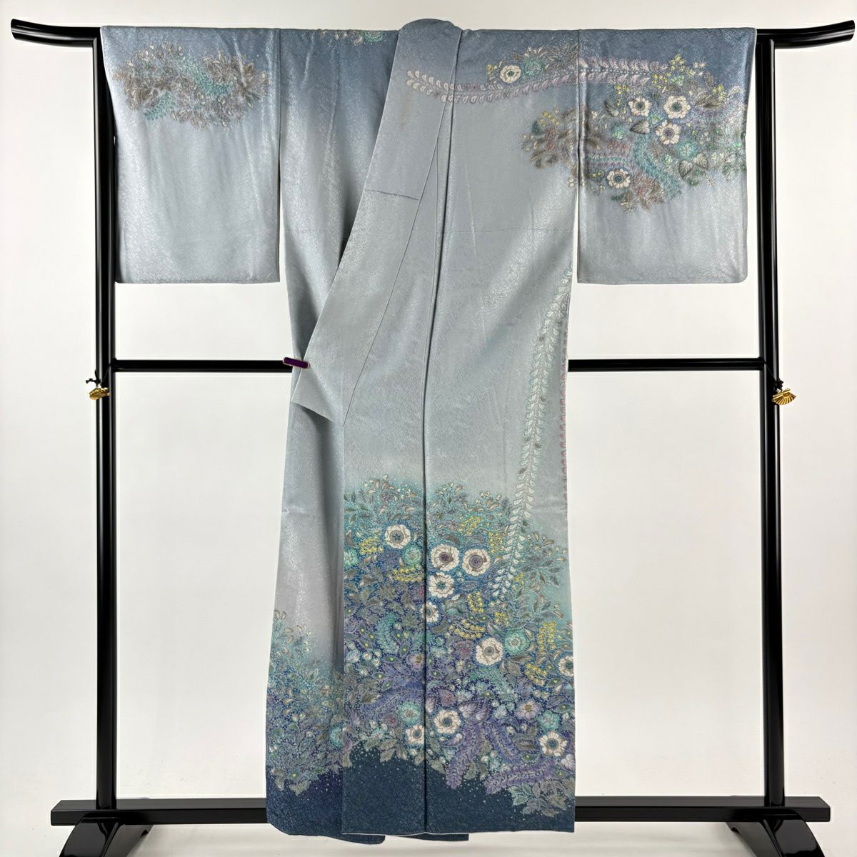 訪問服 身長156.5cm 袖長67.5cm L 雙層 吉乃一廉 落款あり 辻花染 銀通し 染分 青灰 純蠶絲 逸品級