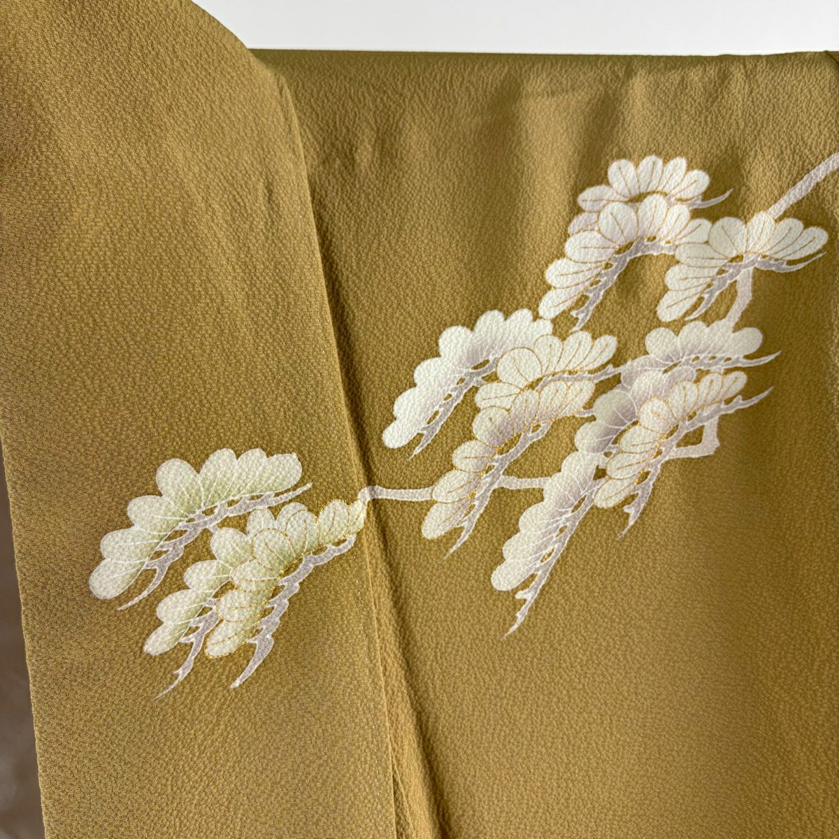【美品】訪問服 身長156.5cm 袖長65cm M 雙層 洛樂人 有落款 松樹 波 金銀彩 黃土 純蠶絲 逸品級 一つ紋