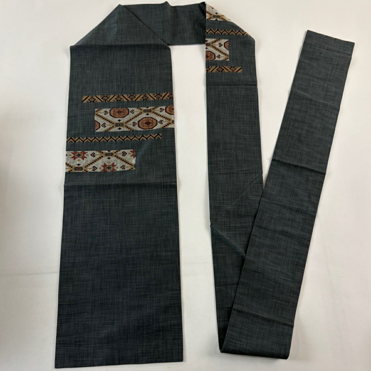 【美品】名古屋帶 秀品級 幾何學 灰綠 純蠶絲
