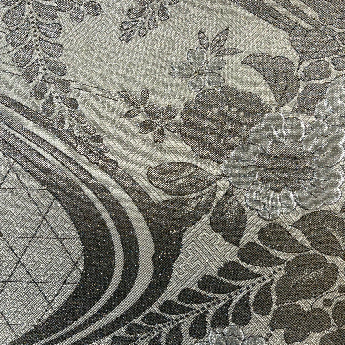 【美品】 袋帶 秀品級 辻花染圖案 流水 金金箔 銀 六通 純蠶絲
