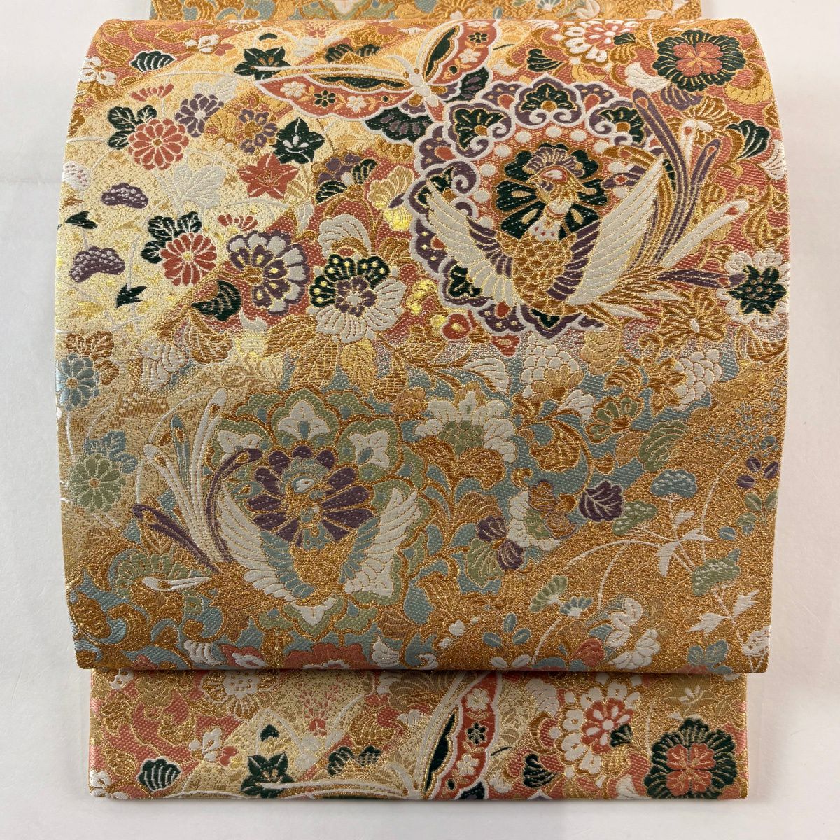 【美品】 袋帶 秀品級 鳳凰 草花紋 金絲 金金箔 金色 六通 純蠶絲