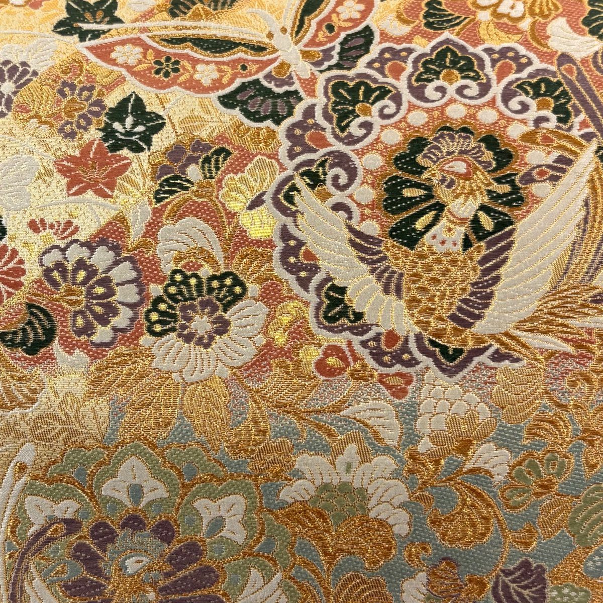【美品】 袋帶 秀品級 鳳凰 草花紋 金絲 金金箔 金色 六通 純蠶絲