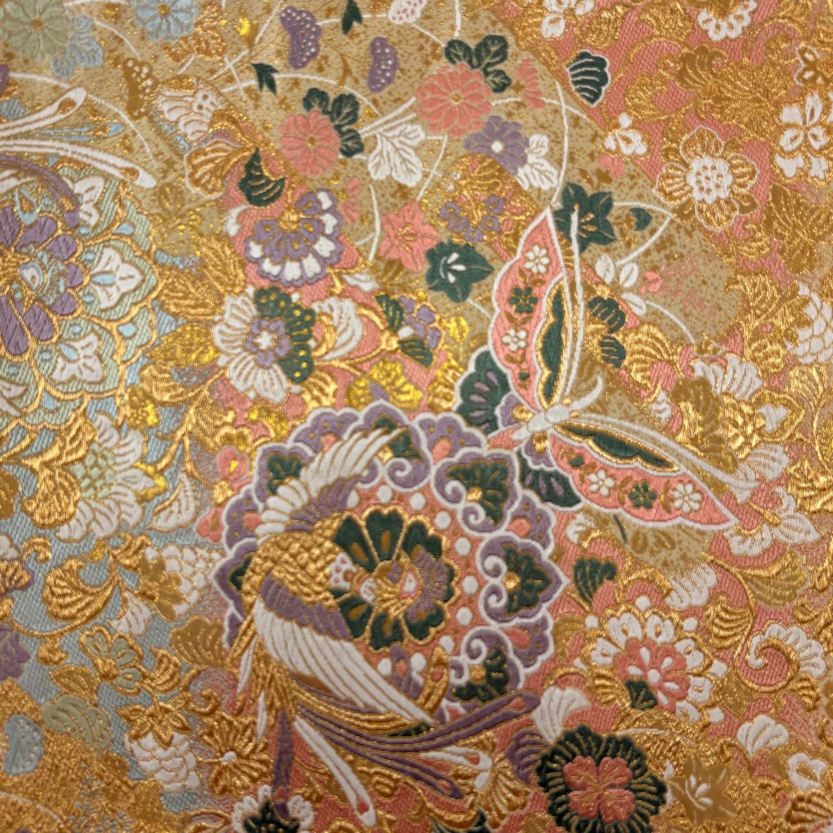 【美品】 袋帶 秀品級 鳳凰 草花紋 金絲 金金箔 金色 六通 純蠶絲