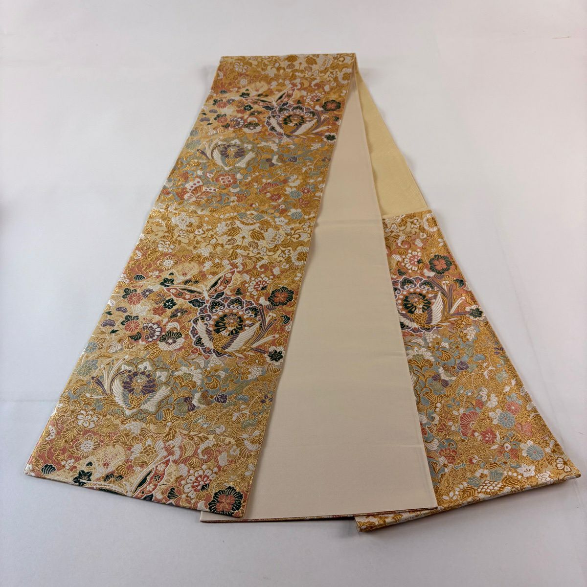 【美品】 袋帶 秀品級 鳳凰 草花紋 金絲 金金箔 金色 六通 純蠶絲