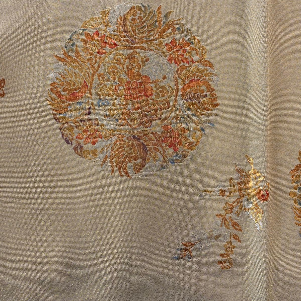 【美品】 袋帶 秀品級 關西仕立 華紋 鳥 金金箔 米色 六通 純蠶絲