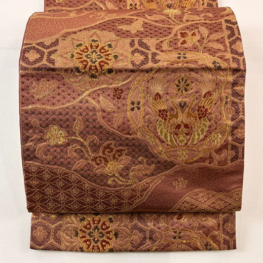 袋帶 秀品級 向鳥 華紋 金絲 金金箔 小豆 深紅 六通 純蠶絲