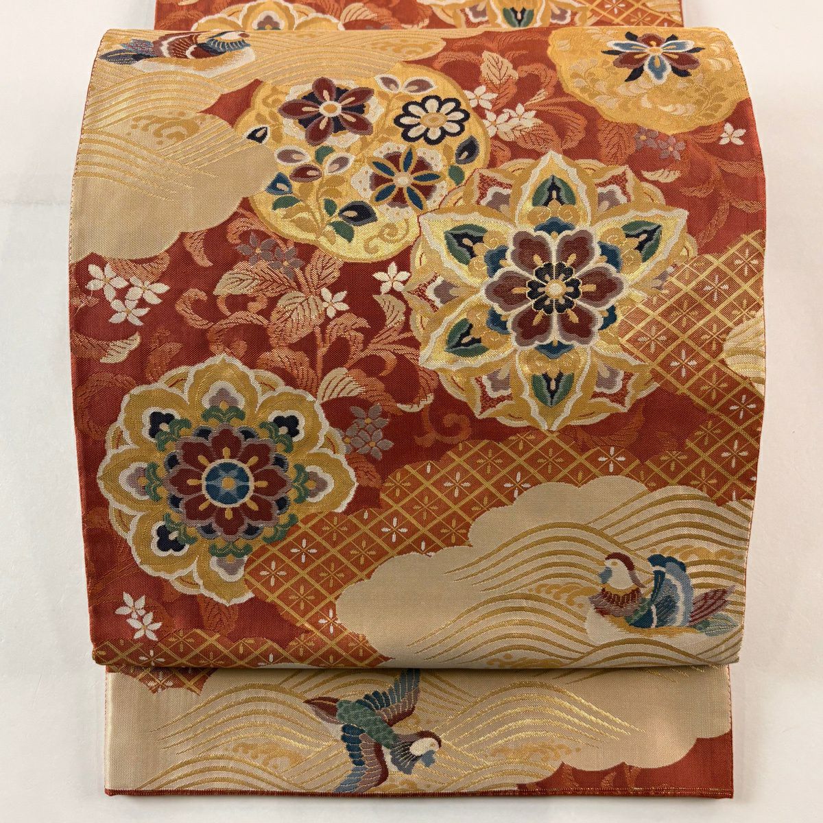 【美品】 袋帶 秀品級 華紋 鴛鴦 金絲 茜 深藍 六通 純蠶絲