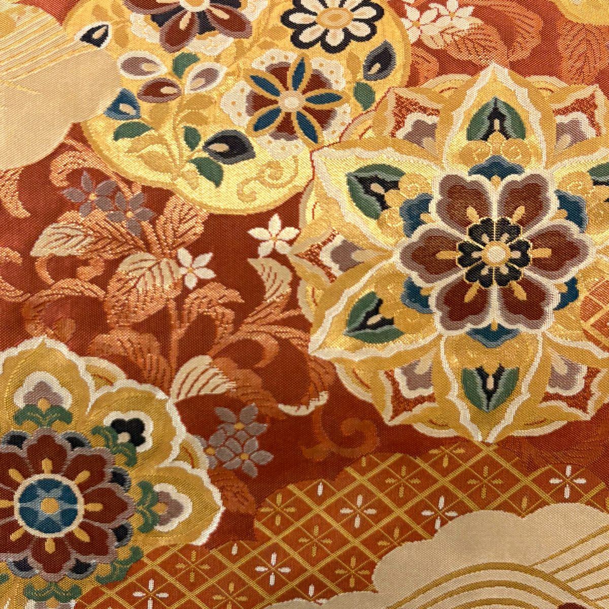 【美品】 袋帶 秀品級 華紋 鴛鴦 金絲 茜 深藍 六通 純蠶絲