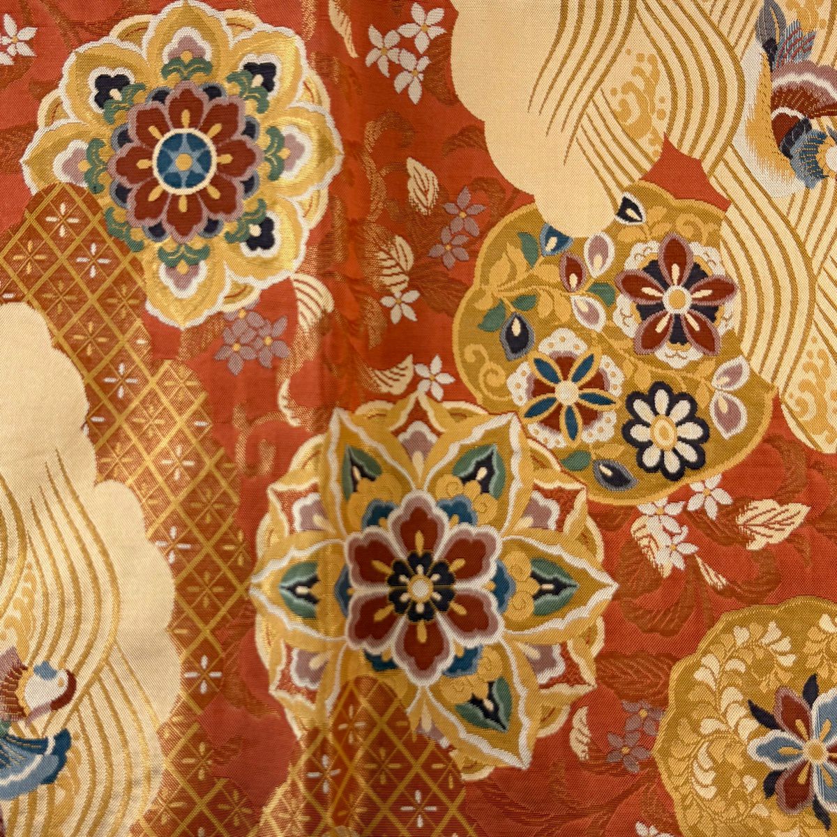 【美品】 袋帶 秀品級 華紋 鴛鴦 金絲 茜 深藍 六通 純蠶絲