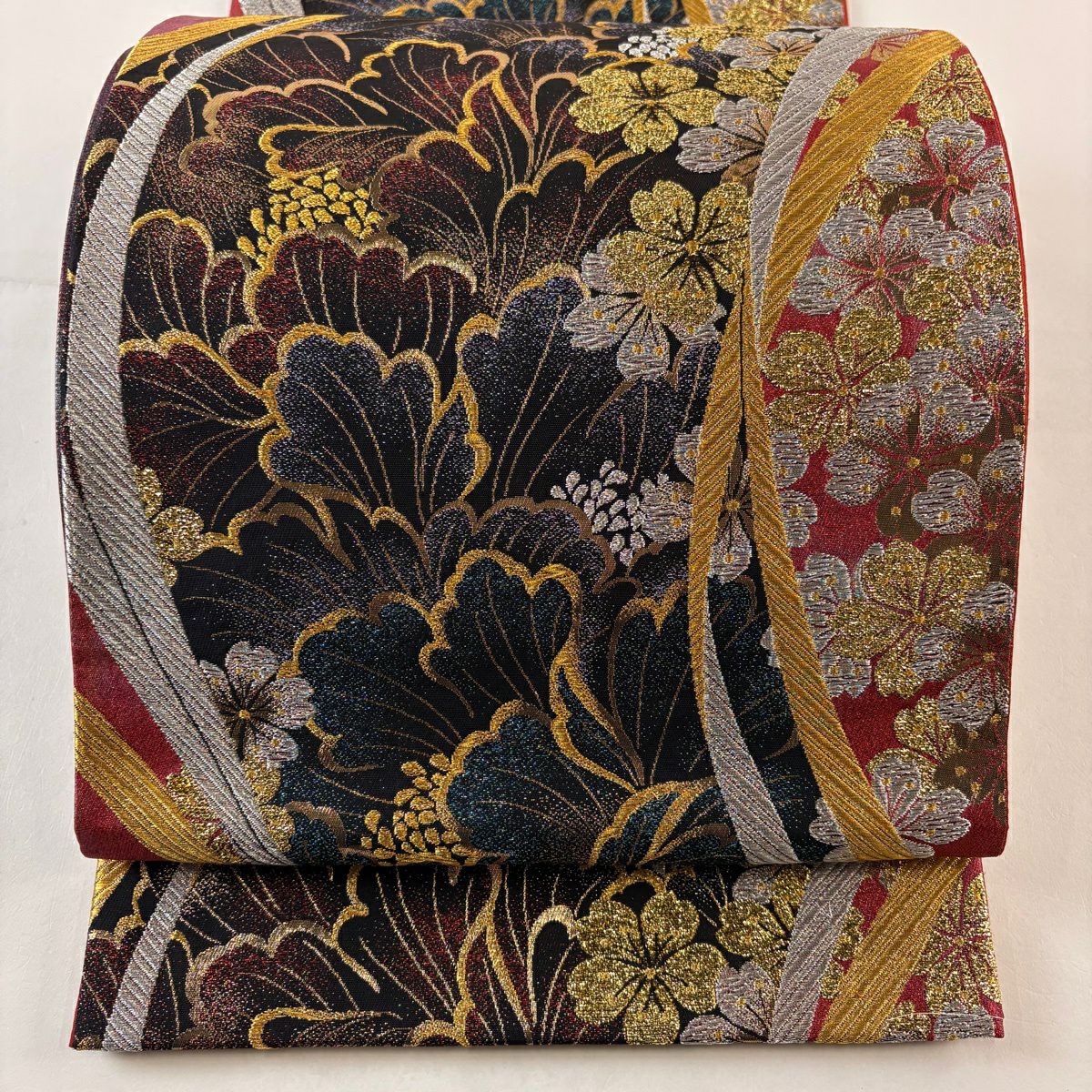 【美品】 袋帶 秀品級 櫻花 金金箔 金銀彩 紅 六通 純蠶絲