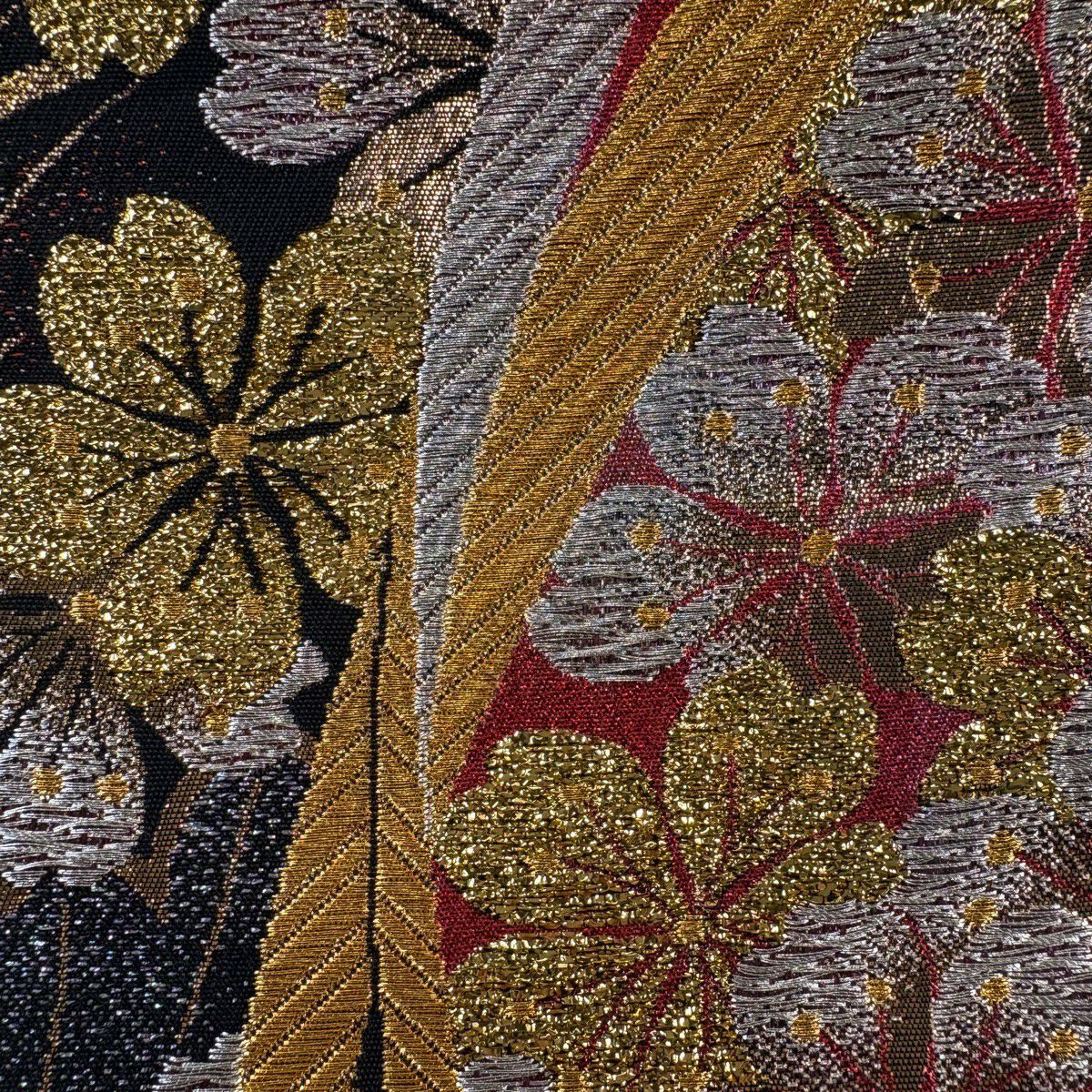 【美品】 袋帶 秀品級 櫻花 金金箔 金銀彩 紅 六通 純蠶絲
