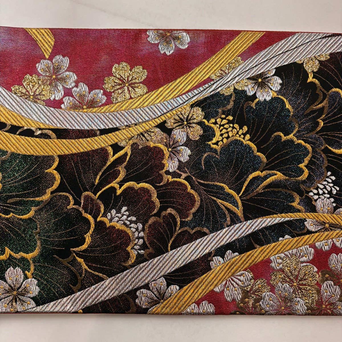 【美品】 袋帶 秀品級 櫻花 金金箔 金銀彩 紅 六通 純蠶絲