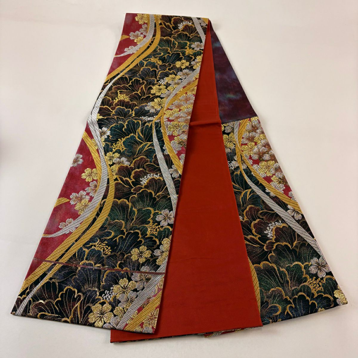 【美品】 袋帶 秀品級 櫻花 金金箔 金銀彩 紅 六通 純蠶絲