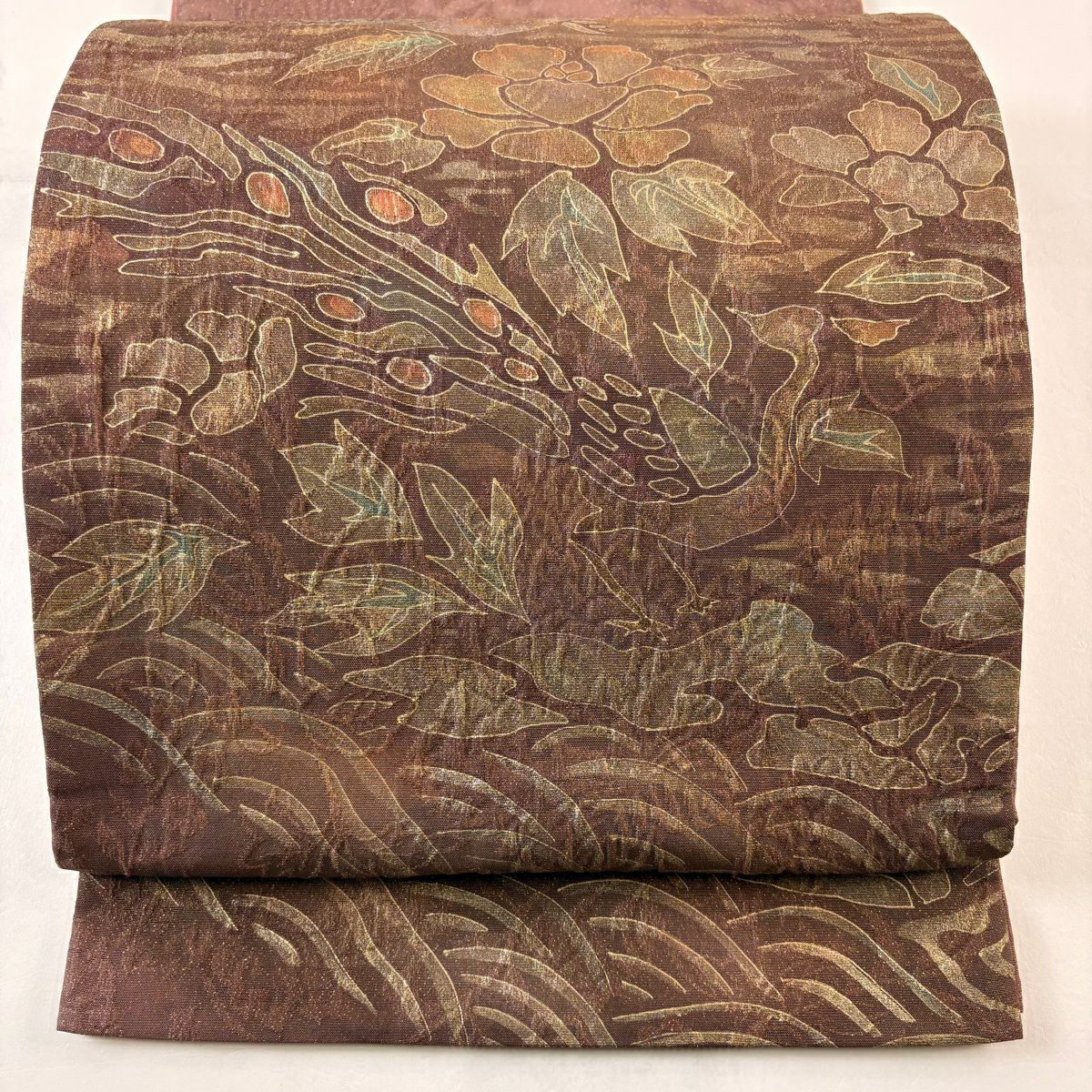 【美品】 袋帶 秀品級 落款あり 鳥 草花紋 金通 茶紫 お太鼓柄 純蠶絲