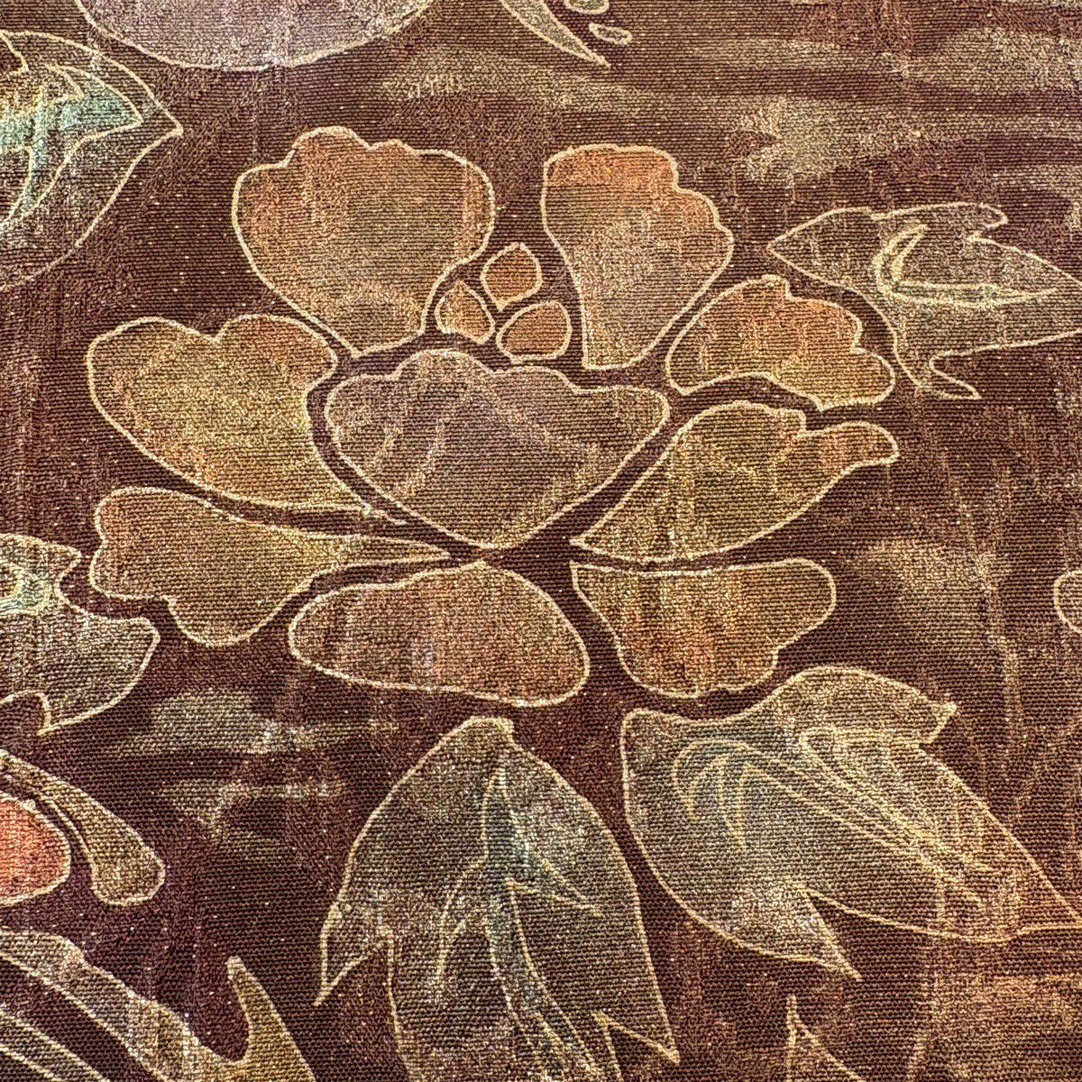 【美品】 袋帶 秀品級 落款あり 鳥 草花紋 金通 茶紫 お太鼓柄 純蠶絲