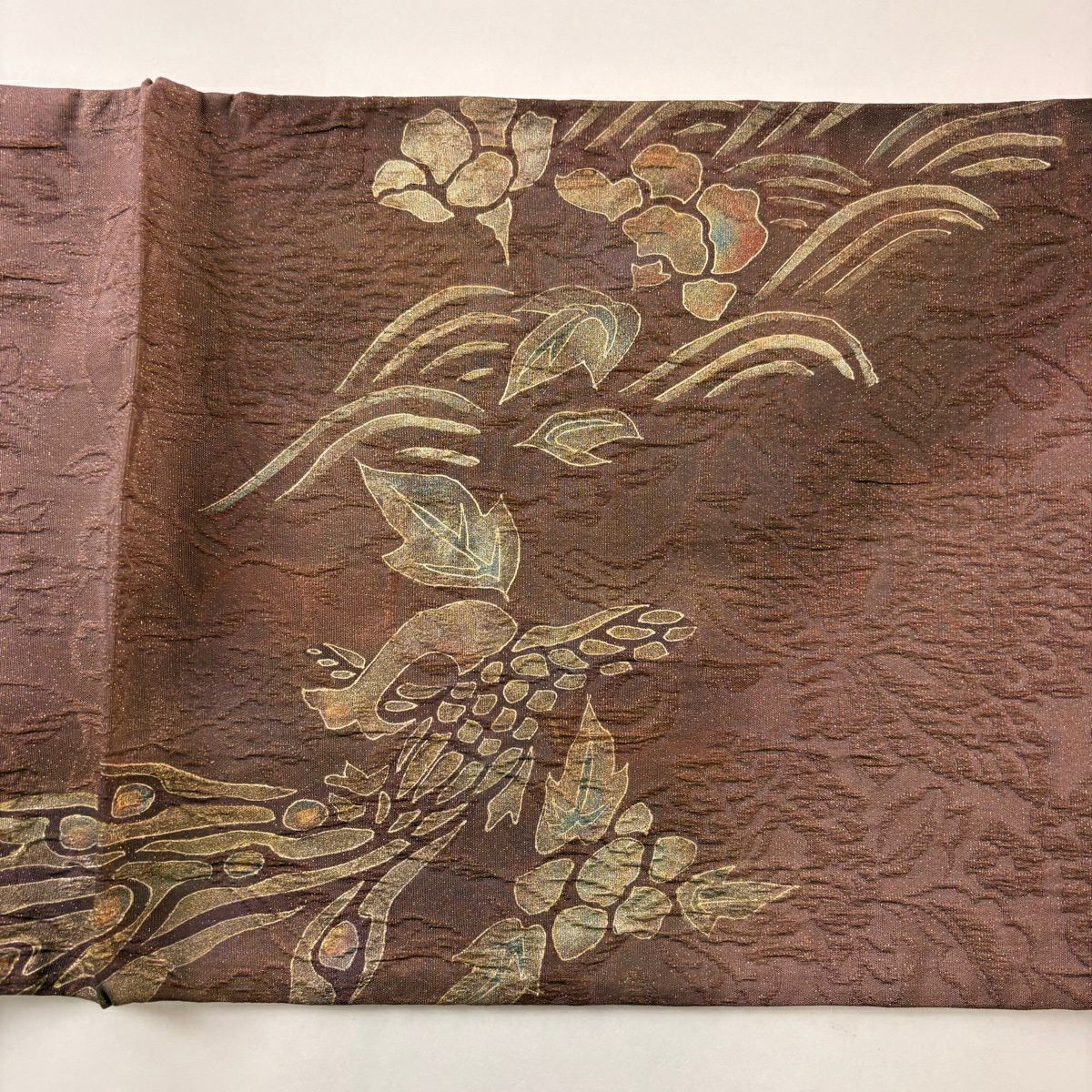 【美品】 袋帶 秀品級 落款あり 鳥 草花紋 金通 茶紫 お太鼓柄 純蠶絲