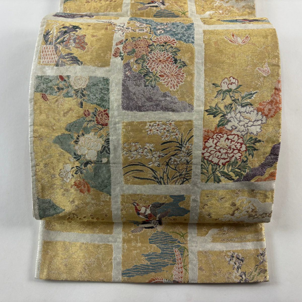 袋帶 秀品級 附有落款 花鳥 蝶 金絲 金金箔 金 六通 純蠶絲