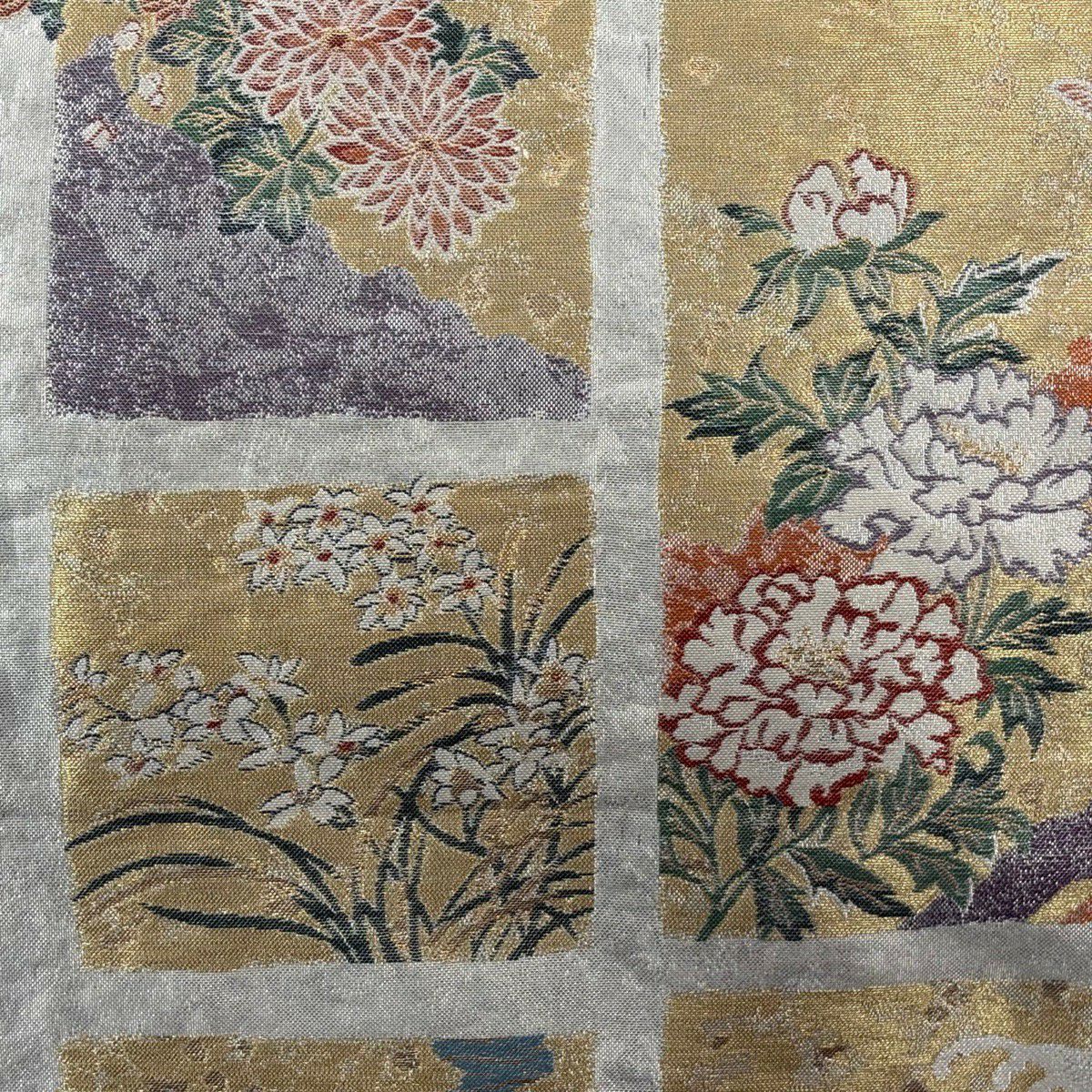 袋帶 秀品級 附有落款 花鳥 蝶 金絲 金金箔 金 六通 純蠶絲