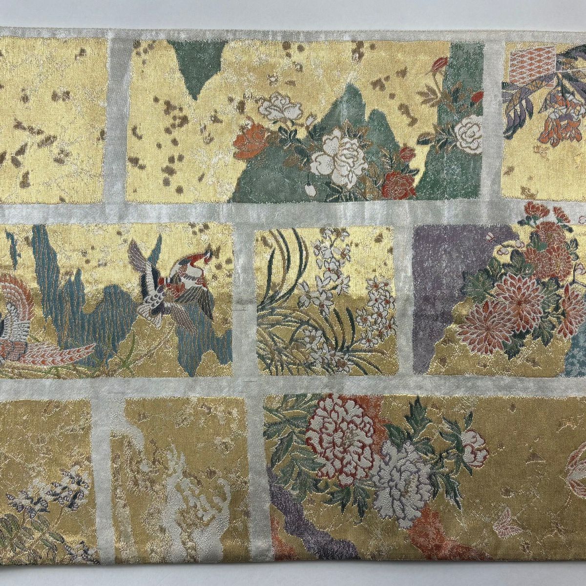 袋帶 秀品級 附有落款 花鳥 蝶 金絲 金金箔 金 六通 純蠶絲