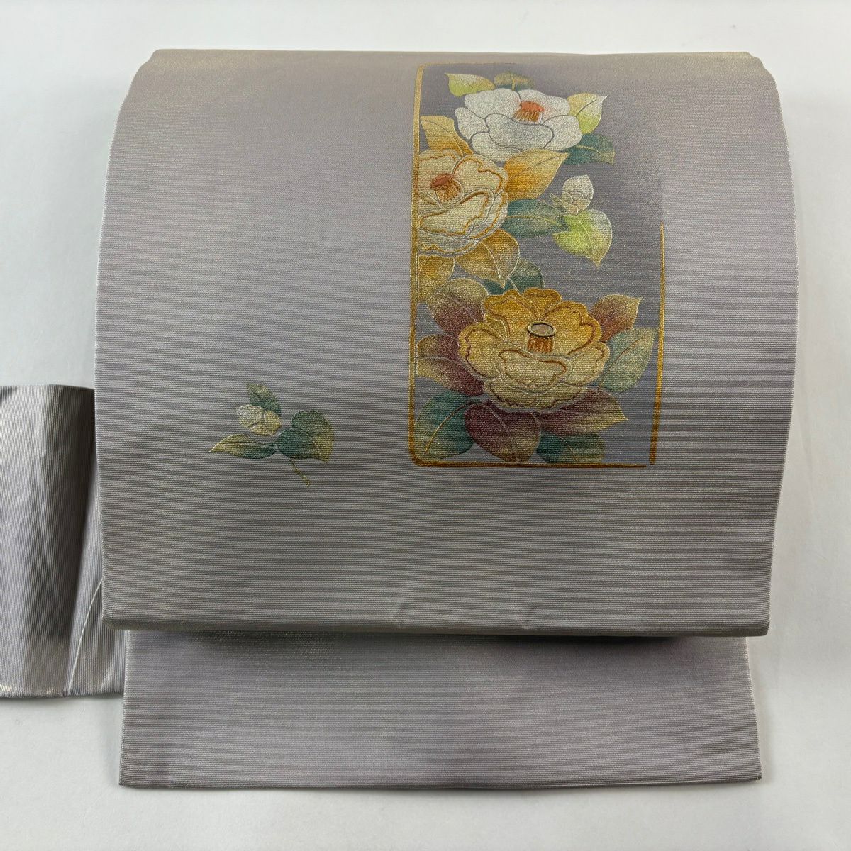 【美品】名古屋帶 秀品級 椿 螺鈿 金銀彩 灰紫 純蠶絲