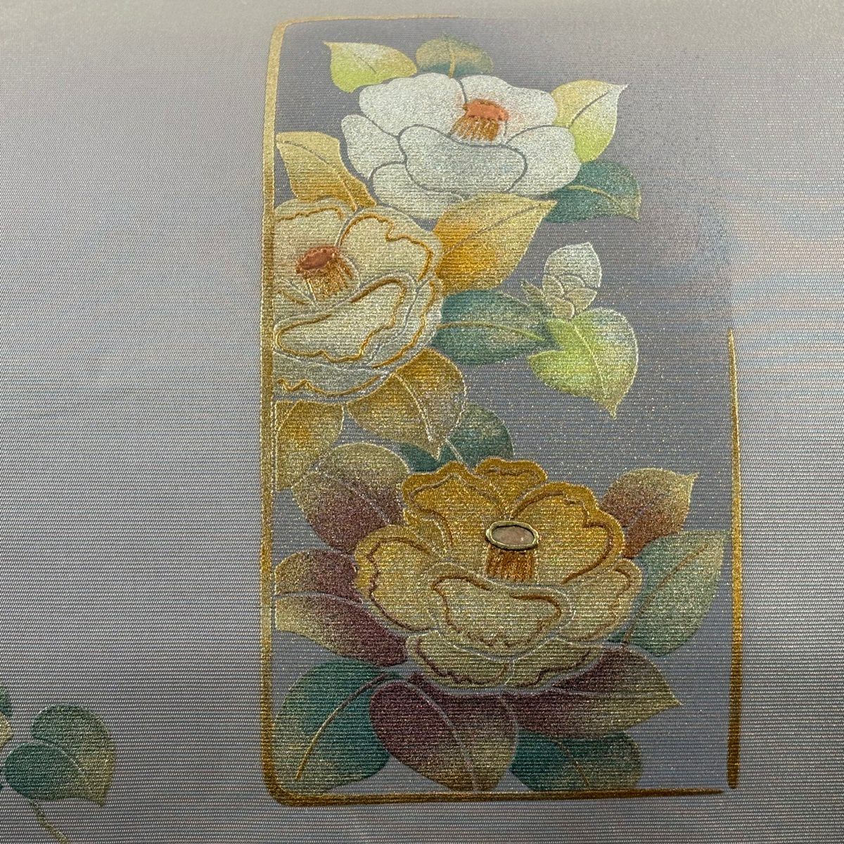 【美品】名古屋帶 秀品級 椿 螺鈿 金銀彩 灰紫 純蠶絲