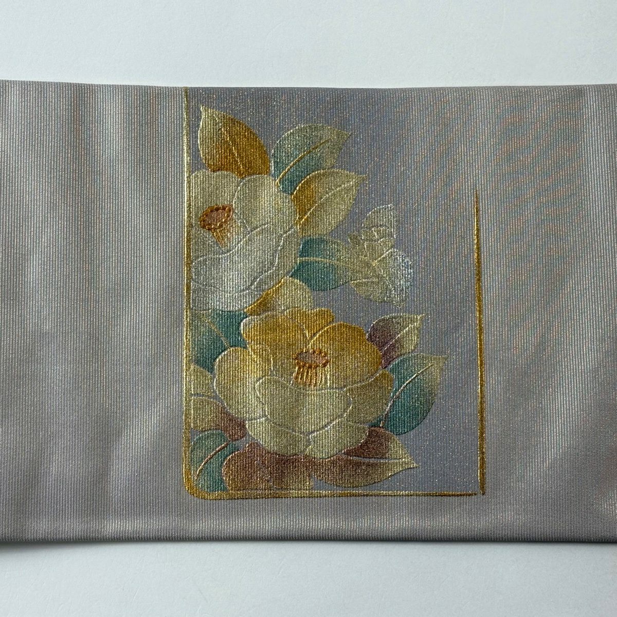【美品】名古屋帶 秀品級 椿 螺鈿 金銀彩 灰紫 純蠶絲