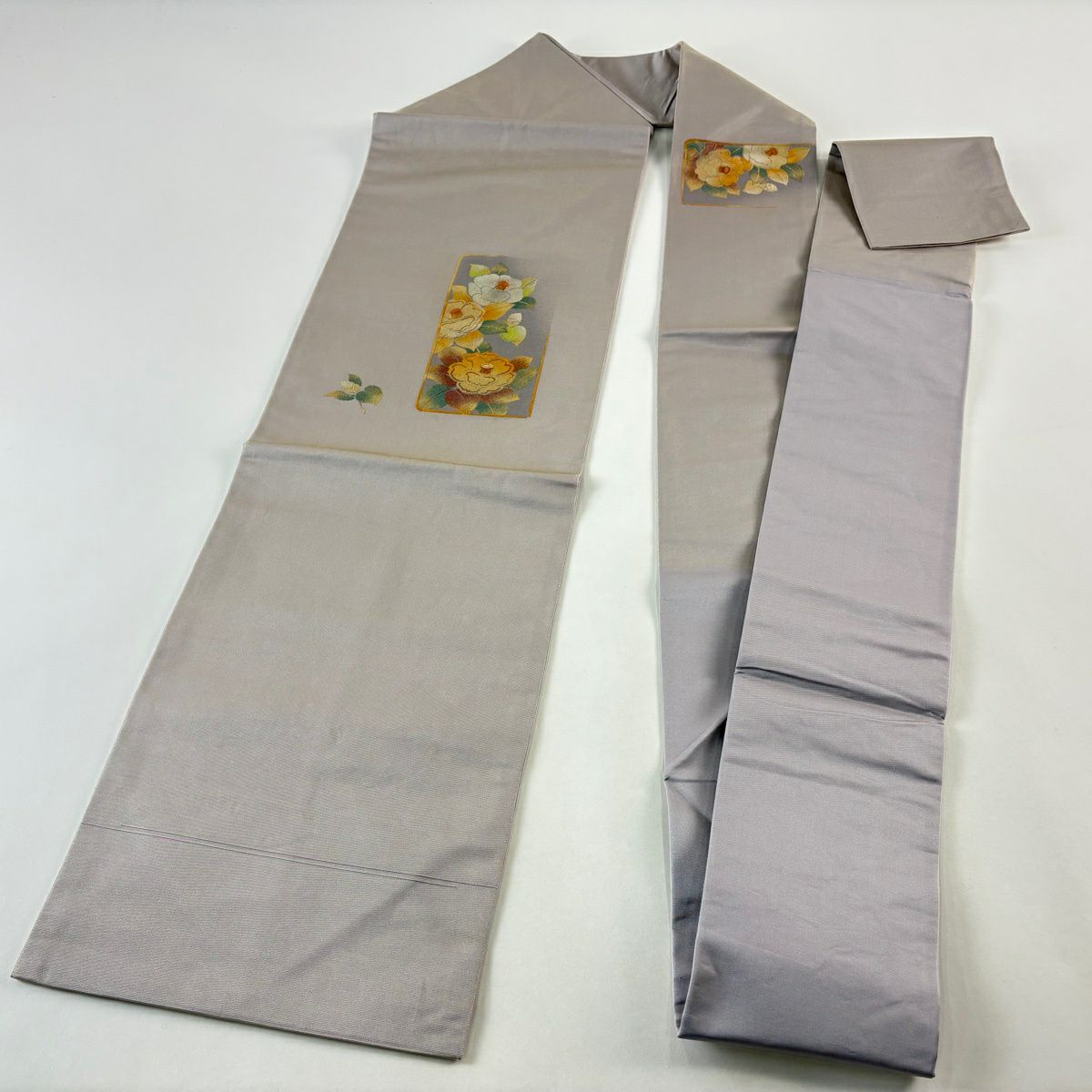 【美品】名古屋帶 秀品級 椿 螺鈿 金銀彩 灰紫 純蠶絲