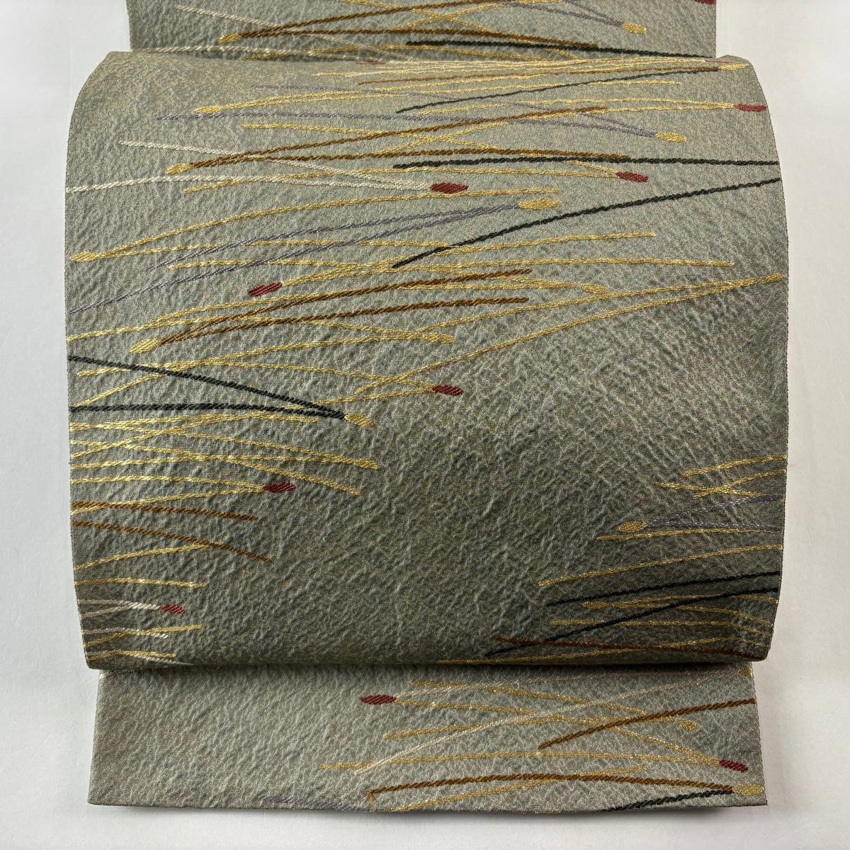 【美品】 袋帶 秀品級 松樹葉 金絲 刺繡 灰綠 六通 純蠶絲