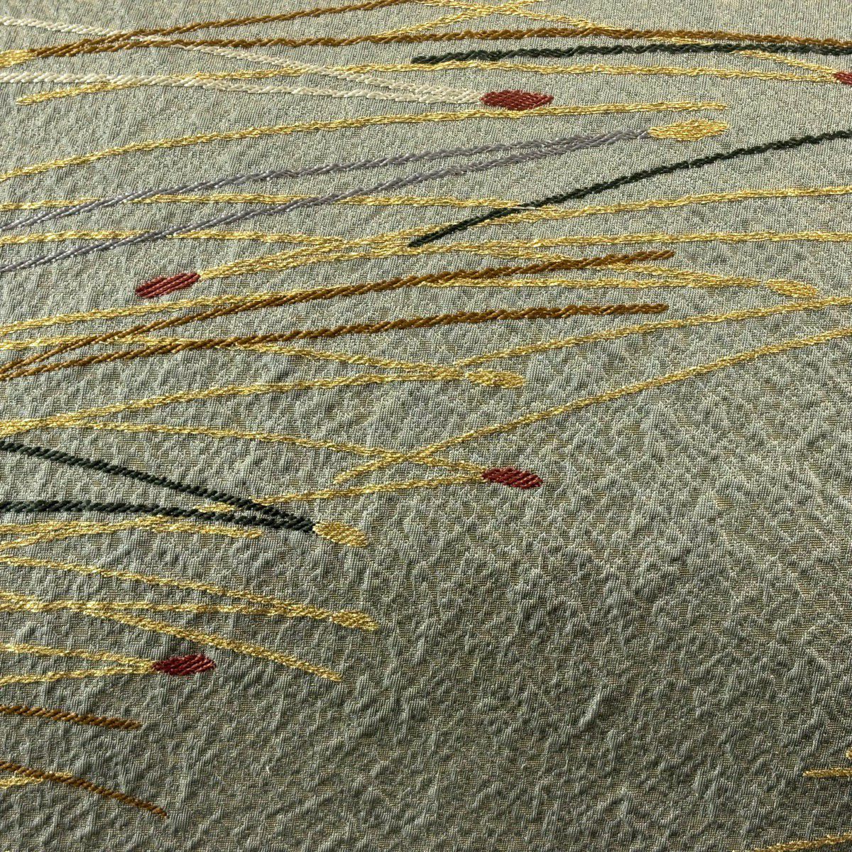 【美品】 袋帶 秀品級 松樹葉 金絲 刺繡 灰綠 六通 純蠶絲