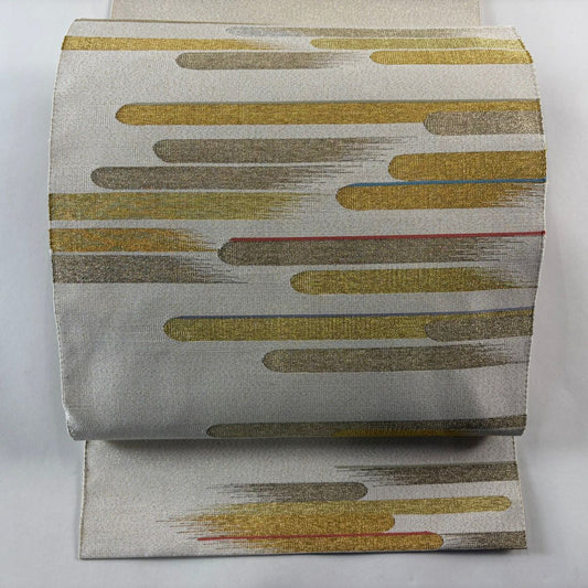 名古屋帶 秀品級 八寸名古屋帶 霞 金銀彩 金金箔 米色 純蠶絲