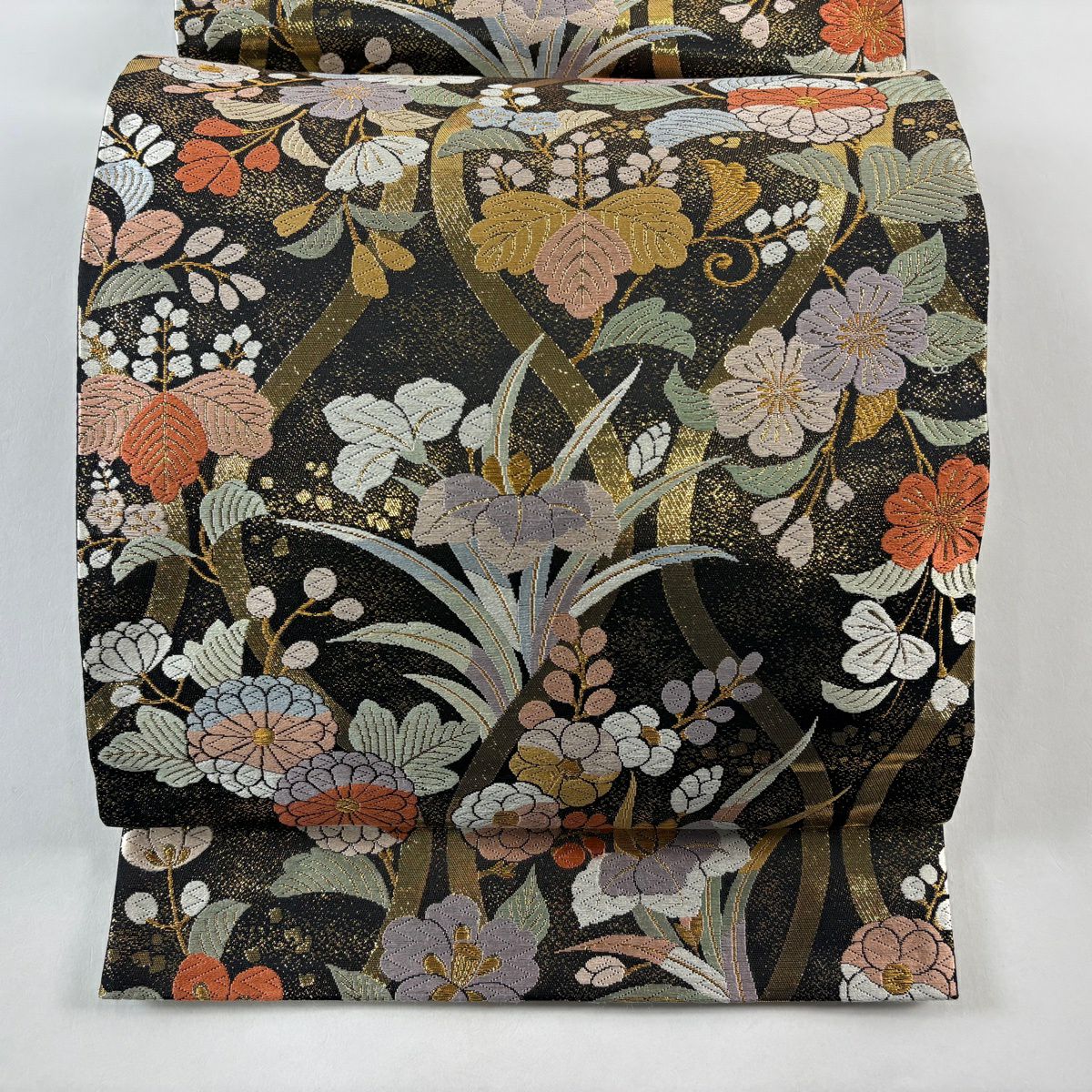 【美品】 袋帶 秀品級 草花紋 立涌 刺繡 金糸 墨 深藍 六通 純蠶絲