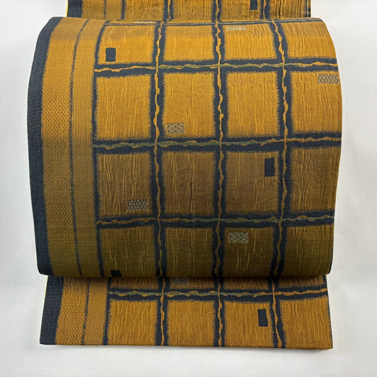 【美品】 袋帶 秀品級 格子 幾何圖案 金絲 山吹茶 純蠶絲 全通