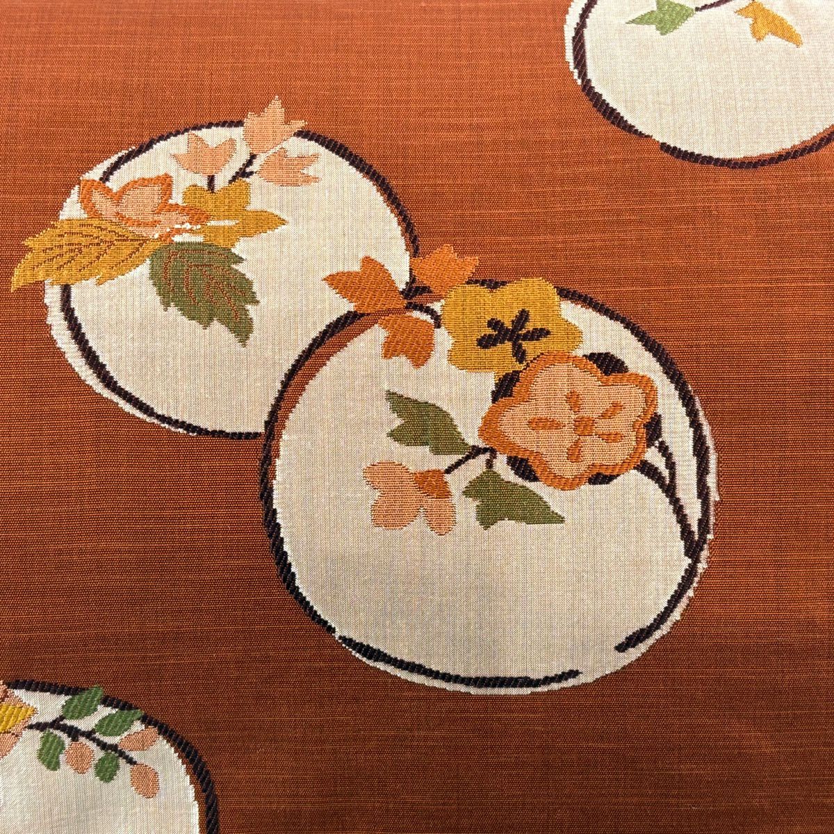 名古屋帶 秀品級 紬織織 關西仕立 圓文 枝花 刺繡 紅茶 純蠶絲