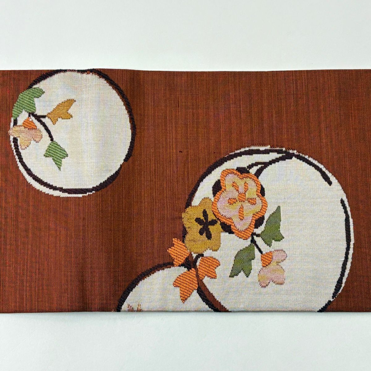 名古屋帶 秀品級 紬織織 關西仕立 圓文 枝花 刺繡 紅茶 純蠶絲