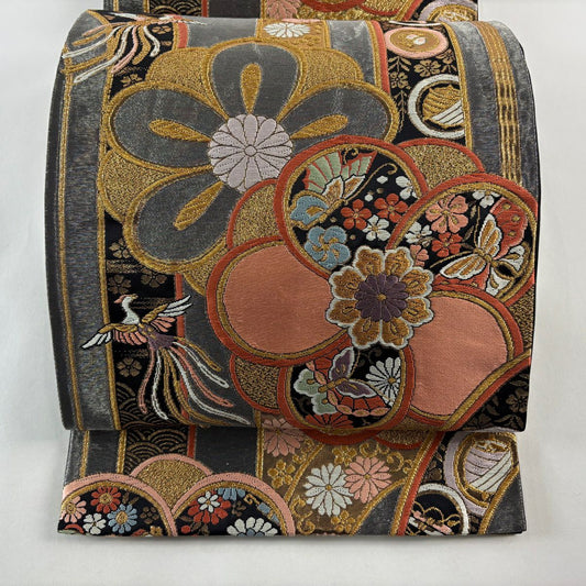 袋帶 秀品級 花鳥 蝶 金銀絲 刺繡 銀 六通 純蠶絲
