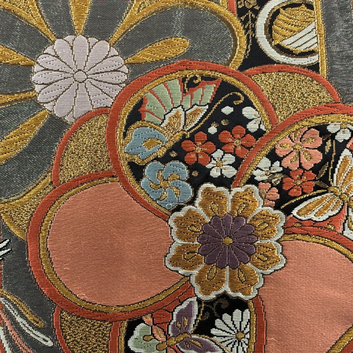袋帶 秀品級 花鳥 蝶 金銀絲 刺繡 銀 六通 純蠶絲