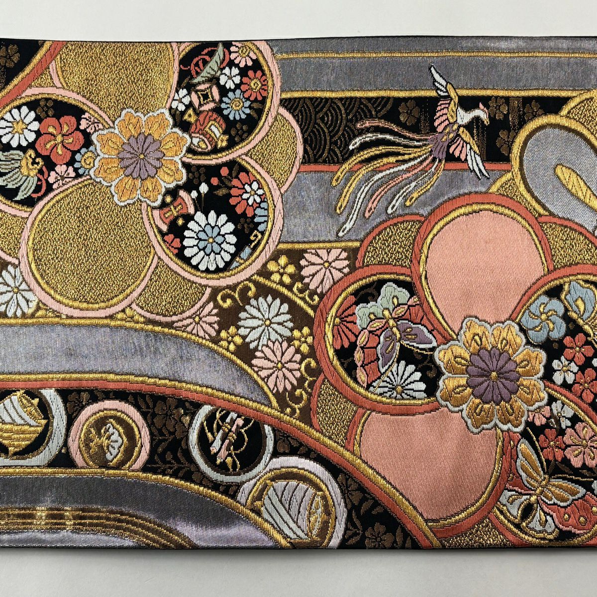 袋帶 秀品級 花鳥 蝶 金銀絲 刺繡 銀 六通 純蠶絲